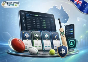 Ranking dashboard for Australian betting sites with review checklist, magnifying glass, payment icons, calendar, and AU flag.